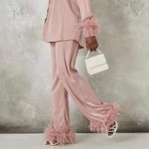 Missguided blush satin feather trim pants size 14